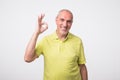 A handsome man in checkered shirt isolated on gray background showing ok sign