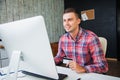 Handsome man with credit card make shopping online Royalty Free Stock Photo