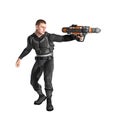 Handsome man in a cyber or space warrior outfit holding a futuristic weapon