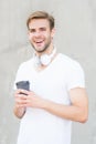 Handsome man drink coffee to go paper cup. Cafe concept. Coffee shop. Peaceful calm guy enjoy fresh hot brewed coffee Royalty Free Stock Photo