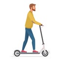 Handsome man on electric scooter flat vector illustration. Male cartoon character riding ecologically clean urban