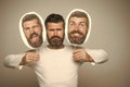 Handsome man face. Guy or bearded man on grey background. Royalty Free Stock Photo
