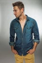 Handsome man in fashionable dress posing in jeans