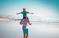 Handsome man father carrying young boy son. Happy dad holding child. Father and son walking on summer beach. Little boy Royalty Free Stock Photo