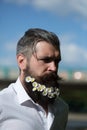 Handsome man with flowers in beard Royalty Free Stock Photo