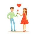 Handsome man giving rose to his beautiful girlfriend in red dress colorful character vector Illustration