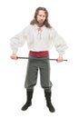 Handsome man in historical pirate costume with cane isolated