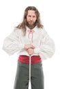 Handsome man in historical pirate costume with dagger isolated