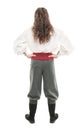 Handsome man in historical pirate costume isolated. Back pose