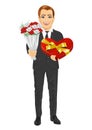 Handsome man holding bouquet of flowers and heart shape present