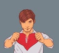 Handsome Man Holding Broken Heart Tearing Red Paper Shape On Grey Background Relationship Divorce And Break Concept Royalty Free Stock Photo