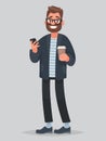 Handsome man holding coffee and phone in hands. Vector illustration