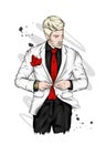 Handsome man in a jacket, shirt and tie and pants. Stylish guy in a suit. Vector illustration, fashion and style, clothing.