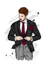 Handsome man in a jacket, shirt and tie and pants. Stylish guy in a suit. Vector illustration, fashion and style.