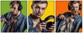 Handsome man listening music on headphone collage Royalty Free Stock Photo