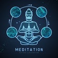 Handsome man meditation in lotus position with the four elements. Neon sign. Royalty Free Stock Photo