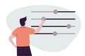 Handsome man moves different sliders. Guy adjusts various parameters. Concept of custom settings