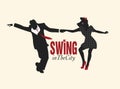 Handsome man and pin-up girl dancing swing