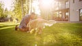 Handsome Man Plays Catch flying disc with Happy Golden Retriever Dog on the Backyard Lawn. Man Has Royalty Free Stock Photo