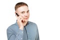 Handsome man portrait talking at the cell phone isolated on white background