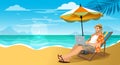 Handsome man relaxation and working with laptop on a sandy beach. destination for summer travel holidays concept Royalty Free Stock Photo