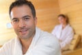 Handsome man relaxing in sauna and staying healthy Royalty Free Stock Photo