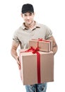 Handsome man in santa hat - hand gift box