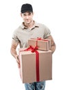 Handsome man in santa hat - hand gift box Royalty Free Stock Photo