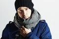 Handsome Man in Scurf. Stylish European Boy with Blue Eyes. Casual Winter Fashion Royalty Free Stock Photo