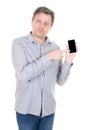 Handsome man showing pointing finger empty black blank screen from mobile phone smartphone Royalty Free Stock Photo