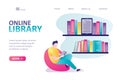 Handsome man sitting at chair and reading e-book. Online library landing page template. Concept of electronic books and e-learning Royalty Free Stock Photo