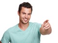 Handsome man, smile portrait and pointing finger for advertising, marketing mockup and product suggestion in white