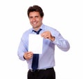 Handsome man smiling and showing you a card Royalty Free Stock Photo