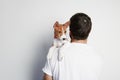 Handsome man snuggling and hugging his basenji puppy dog, close friendship against a white background. Royalty Free Stock Photo