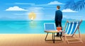 Handsome man standing and looking forward on sea view. workplace with a morning coffee on tropical beach. relaxation concept