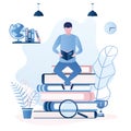 Handsome man student sitting on pile of books. Male character reading book or textbook. Education or learning concept Royalty Free Stock Photo