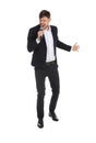 Handsome man in suit singing with microphone on white Royalty Free Stock Photo