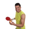 Handsome man with table tennis racket and ball on white background. Ping pong player Royalty Free Stock Photo