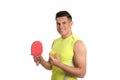 Handsome man with table tennis racket and ball on white background. Ping pong player Royalty Free Stock Photo