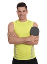 Handsome man with table tennis racket on white background. Ping pong player Royalty Free Stock Photo