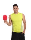 Handsome man with table tennis racket on white. Ping pong player Royalty Free Stock Photo