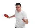 Handsome man with table tennis racket on white. Ping pong player Royalty Free Stock Photo