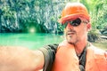 Handsome man taking selfie at Underground River in Palawan Phlippines Royalty Free Stock Photo