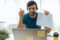 Handsome man teacher working from home teaching online multicultural language subject to student studying from home, corona virus Royalty Free Stock Photo