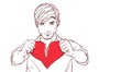 Handsome Man Tearing Red Heart Shape Apart Heartbroken Sketch On White Background Relationship Divorce And Betrayal