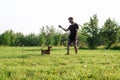 Handsome man is throwing ball to his little happy dog. Best friends are playing together in park in the summertime Royalty Free Stock Photo