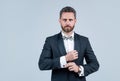 Handsome man in tuxedo. confident businessman with bristle. male beauty and fashion. charismatic business man or manager Royalty Free Stock Photo