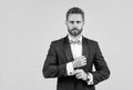 handsome man in tuxedo. confident businessman with bristle. male beauty and fashion. charismatic business man or manager Royalty Free Stock Photo