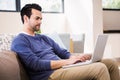 Handsome man using laptop on the couch