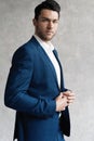 Handsome man wear blue suit isolated on grey background. Royalty Free Stock Photo